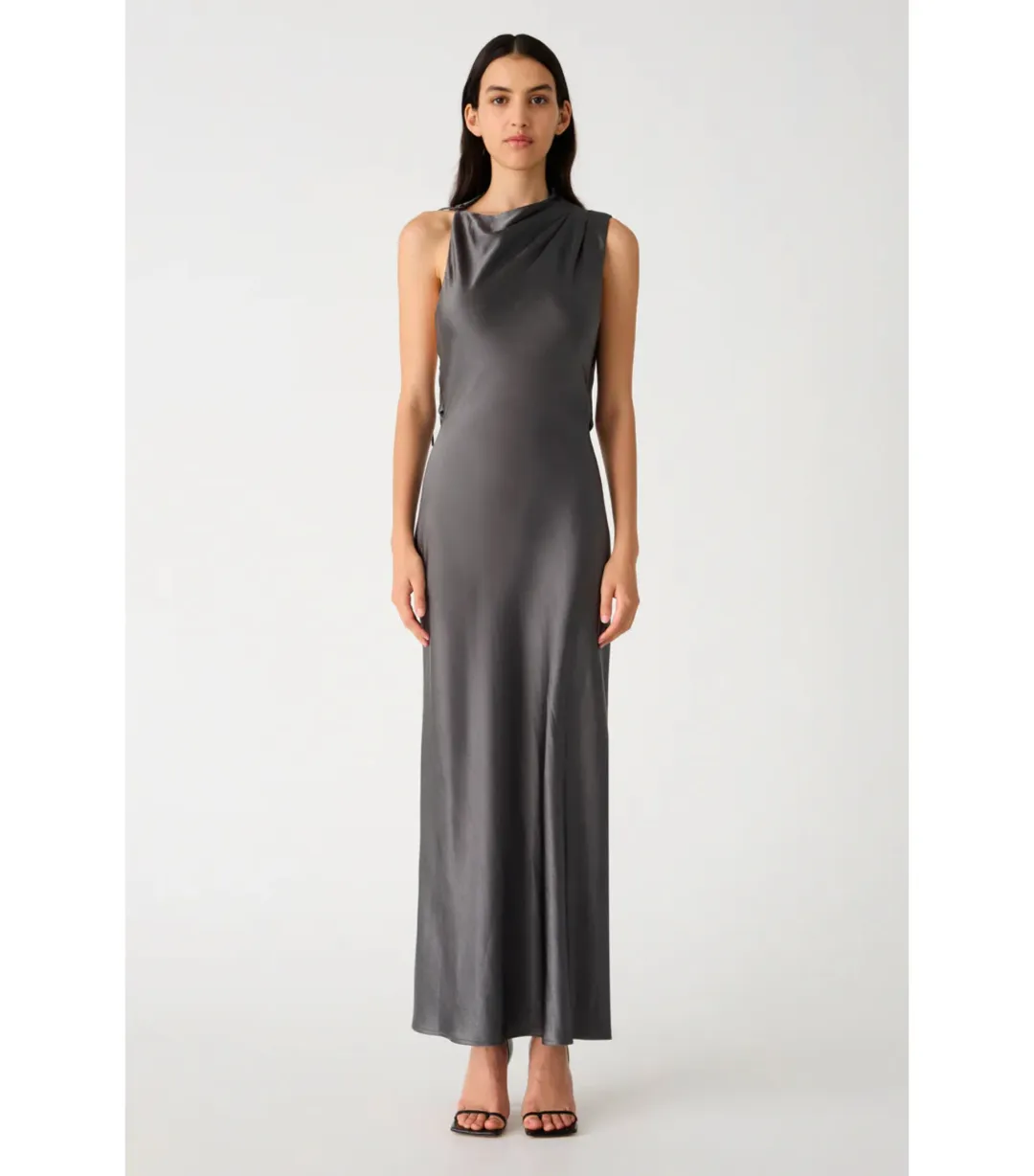 Misha Santana Gloss Satin Maxi Dress in Pewter Size 8/S for rent on The Volte - main image