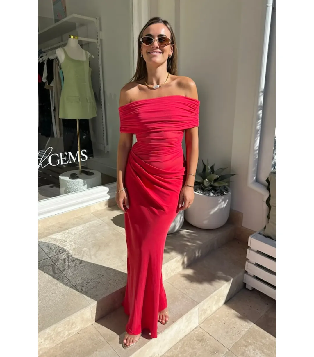 Benni Nico Off Shoulder Maxi Dress Watermelon Size AU 8 for rent on The Volte - main image