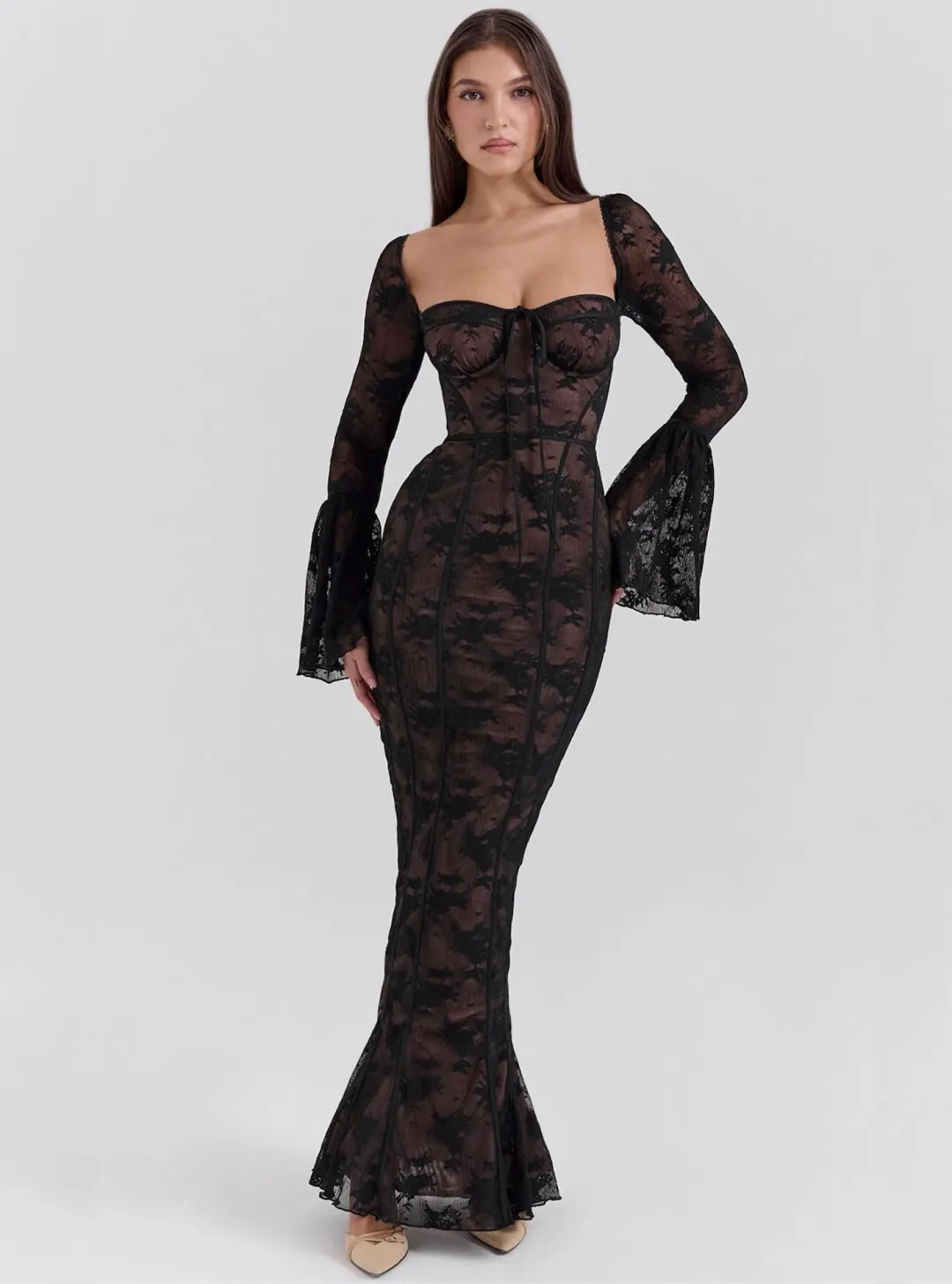 House Of CB Delilah Long Sleeve Lace Maxi Dress Black Size 6 for rent on The Volte - main image