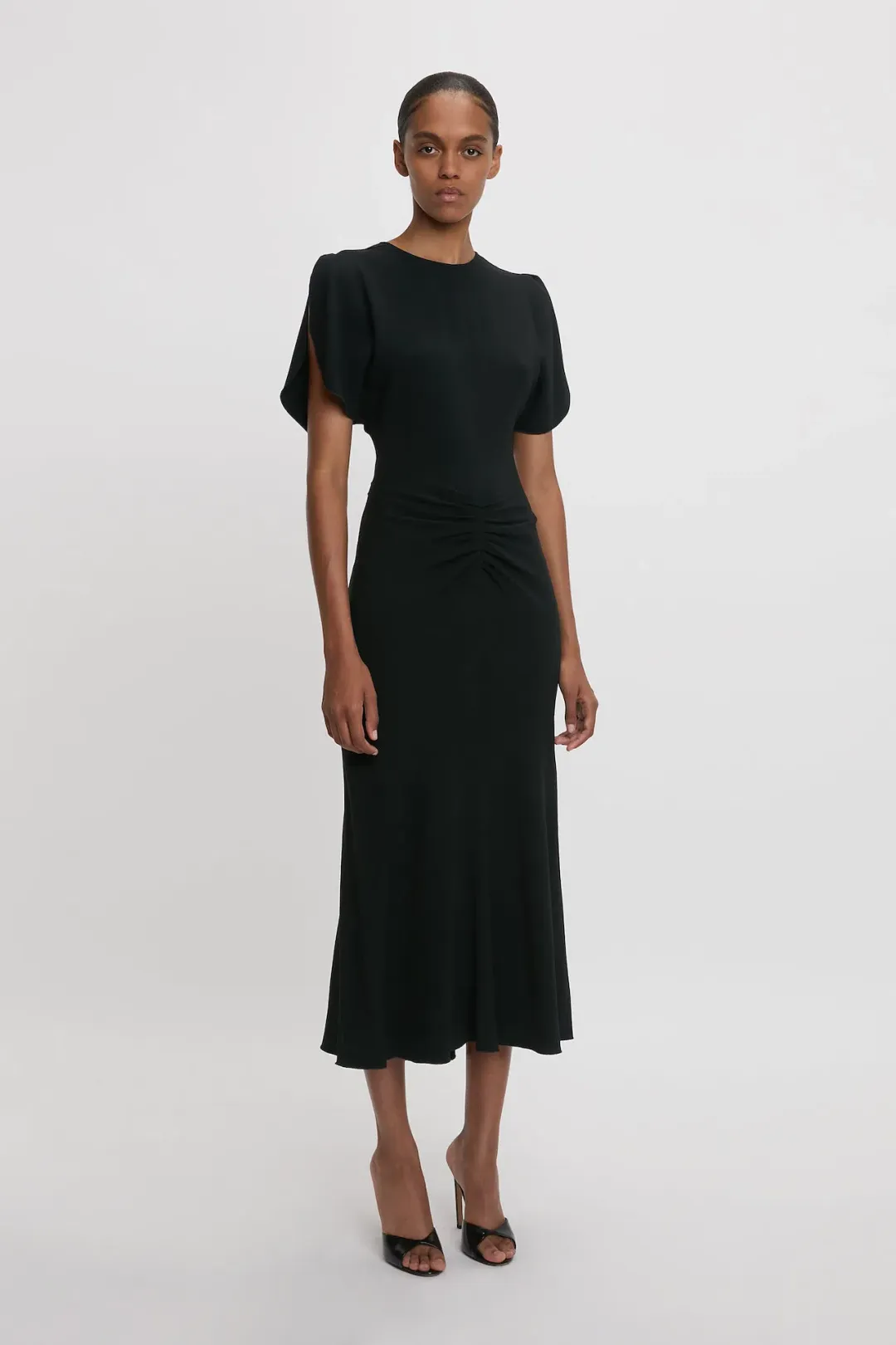 Victoria Beckham Gathered Waist Midi Dress in Black Size 8 for rent on The Volte - main image