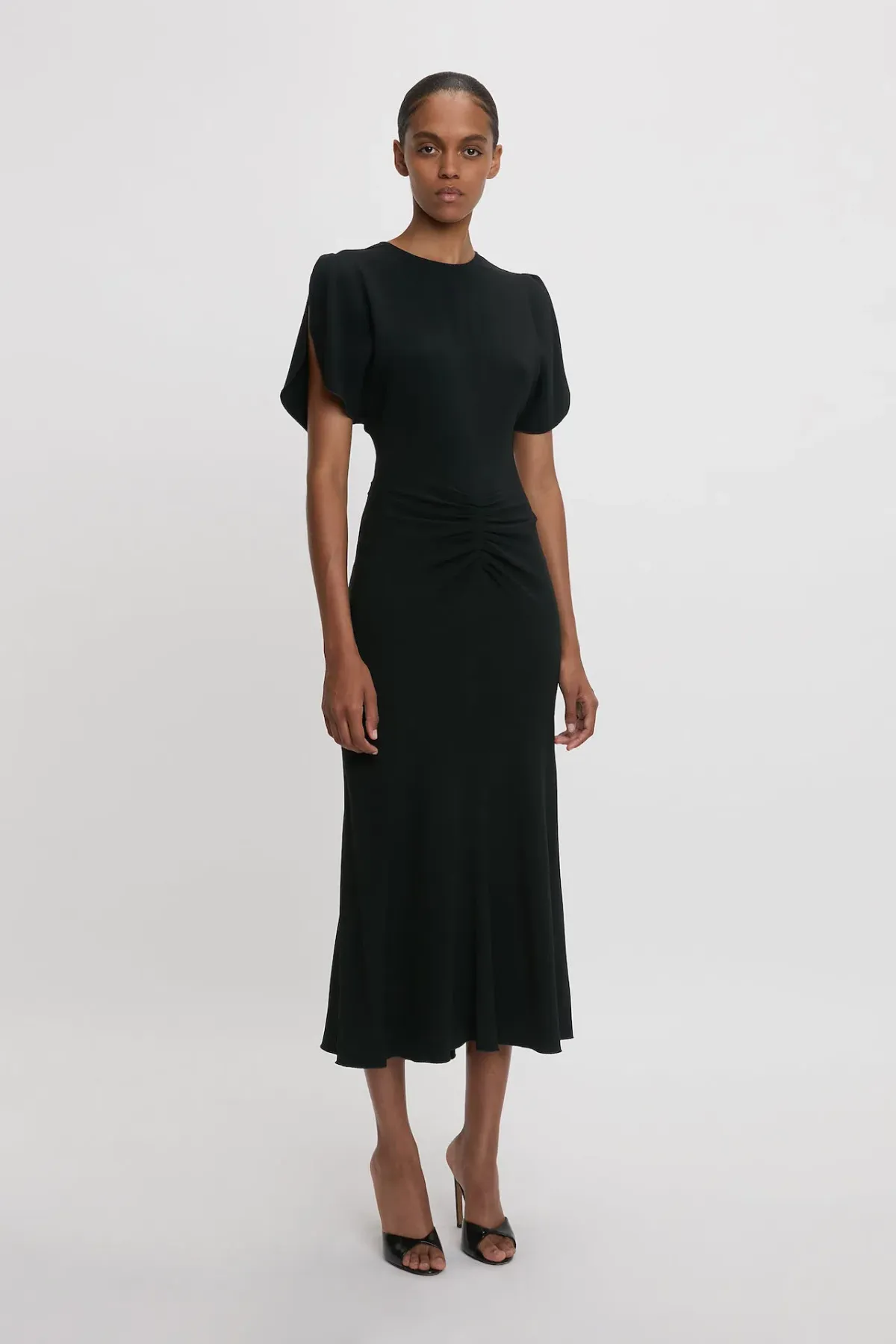 Victoria Beckham Gathered Waist Midi Dress in Black Size 8 - Image 1