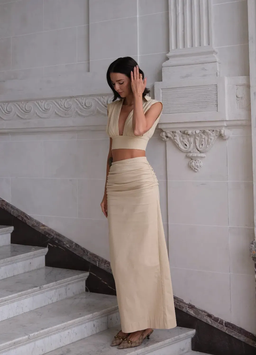 Arcina Ori Carmen Top & Skirt Set Stone Beige Size 6 for rent on The Volte - main image