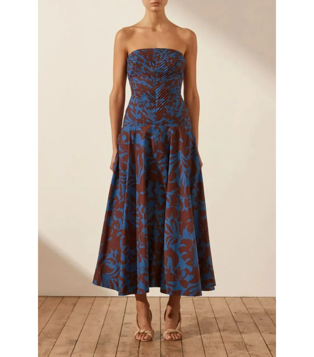 Shona Joy Cartia Strapless Pleated Midi Dress Print Size AU 8 for rent on The Volte - main image