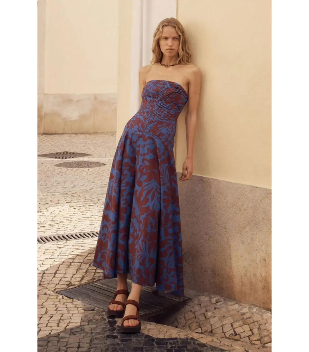 Shona Joy Cartia Strapless Pleated Midi Dress Print Size AU 8 for rent on The Volte - main image