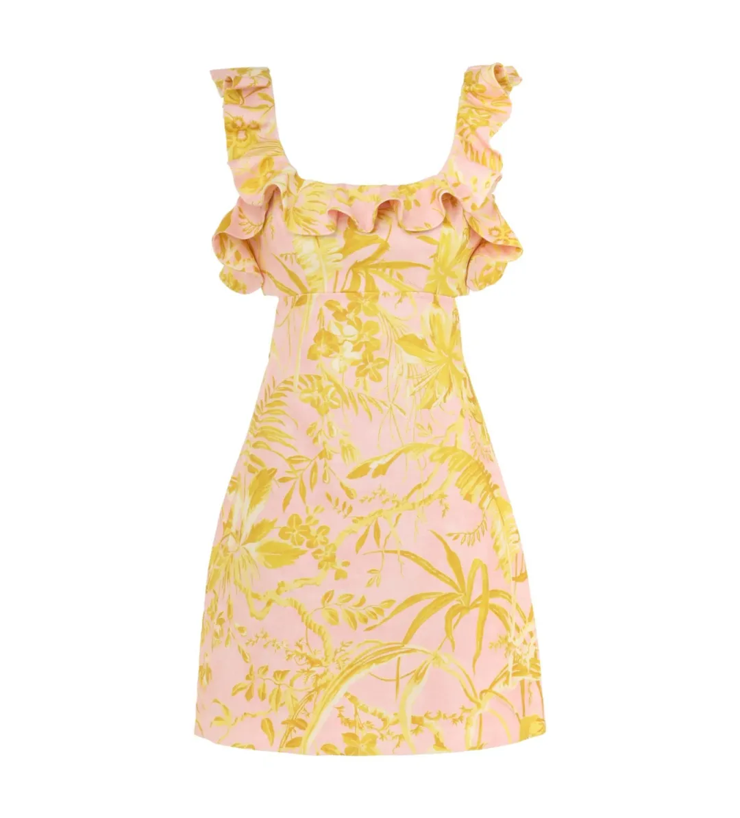 Zimmermann The Golden Ruffle Mini Dress in Pink/Gold Floral Size 2 / AU 12  for rent on The Volte - main image