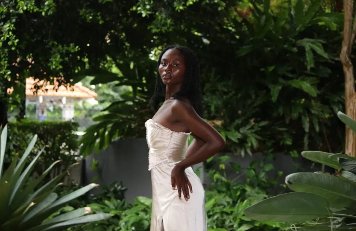 Larissa Satin Maxi Dress With Ruched Petals - Champagne MESHKI - Image 5