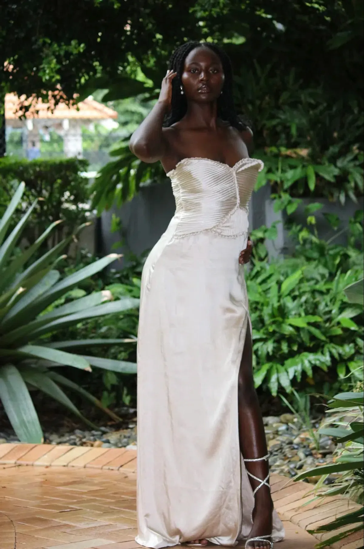 Larissa Satin Maxi Dress With Ruched Petals - Champagne MESHKI - Image 2