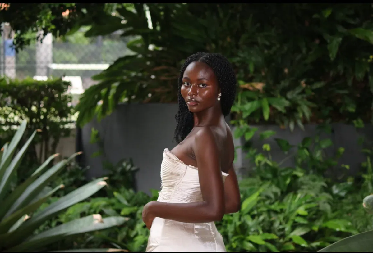 Larissa Satin Maxi Dress With Ruched Petals - Champagne MESHKI - Image 4