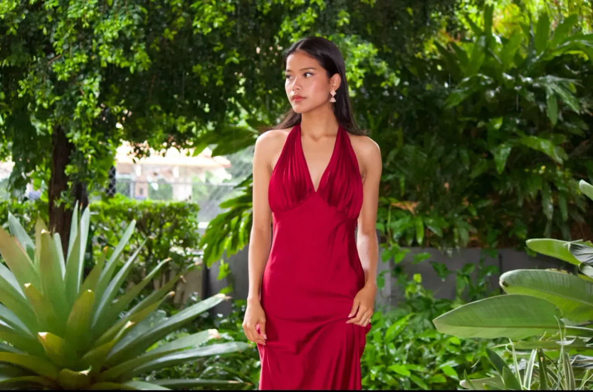 Onarin, Ms. Pleat Maxi Dress - Burgundy Size S - Image 4