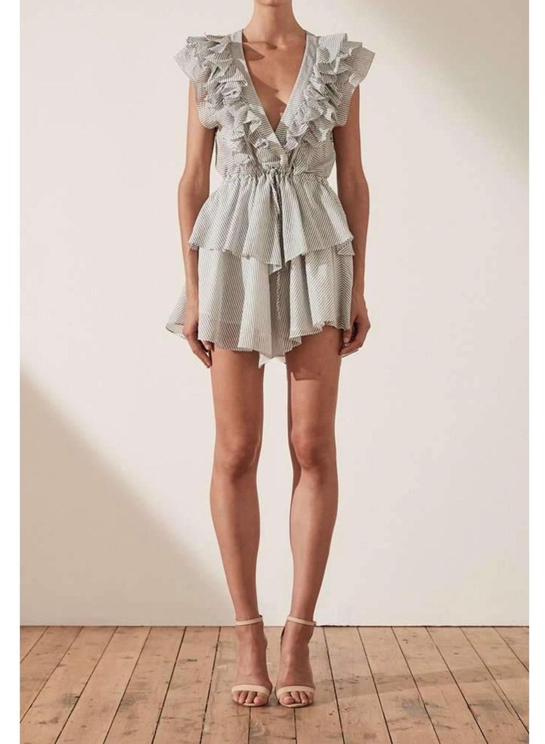 Shona Joy Rye Ruffle Drawstring Mini Dress Blue Size 6 for rent on The Volte - main image