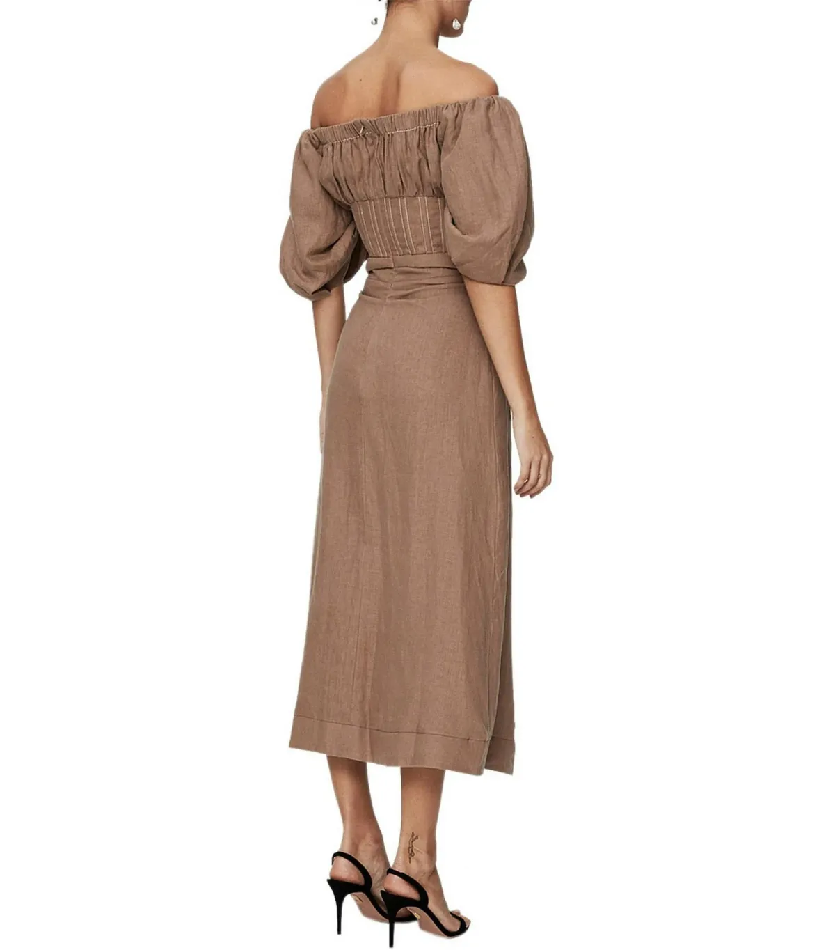 Rachel Gilbert Capri Off The Shoulder Puff Sleeve Midi Dress Beige Size AU 6 - Image 2