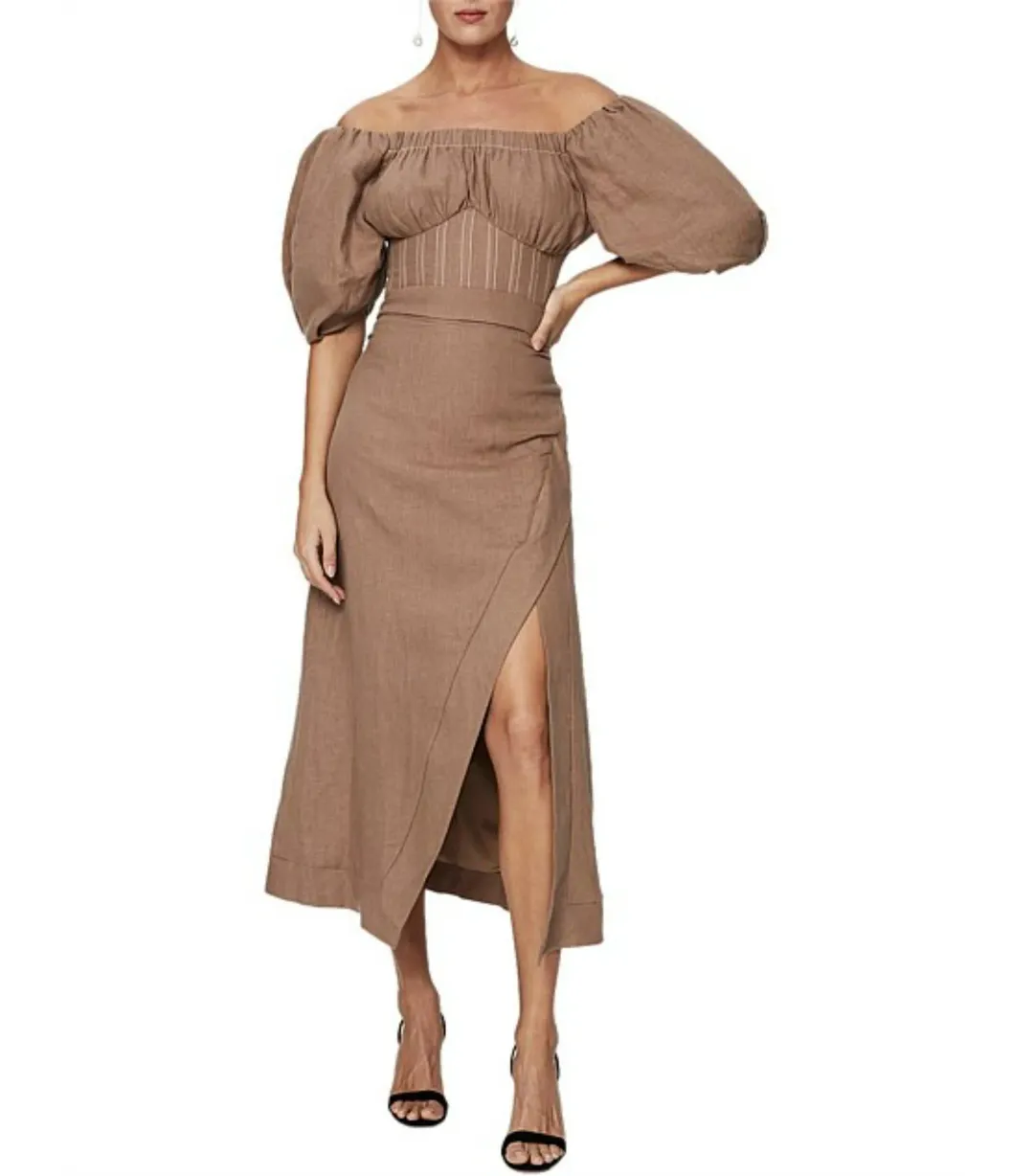 Rachel Gilbert Capri Off The Shoulder Puff Sleeve Midi Dress Beige Size AU 6 for rent on The Volte - main image