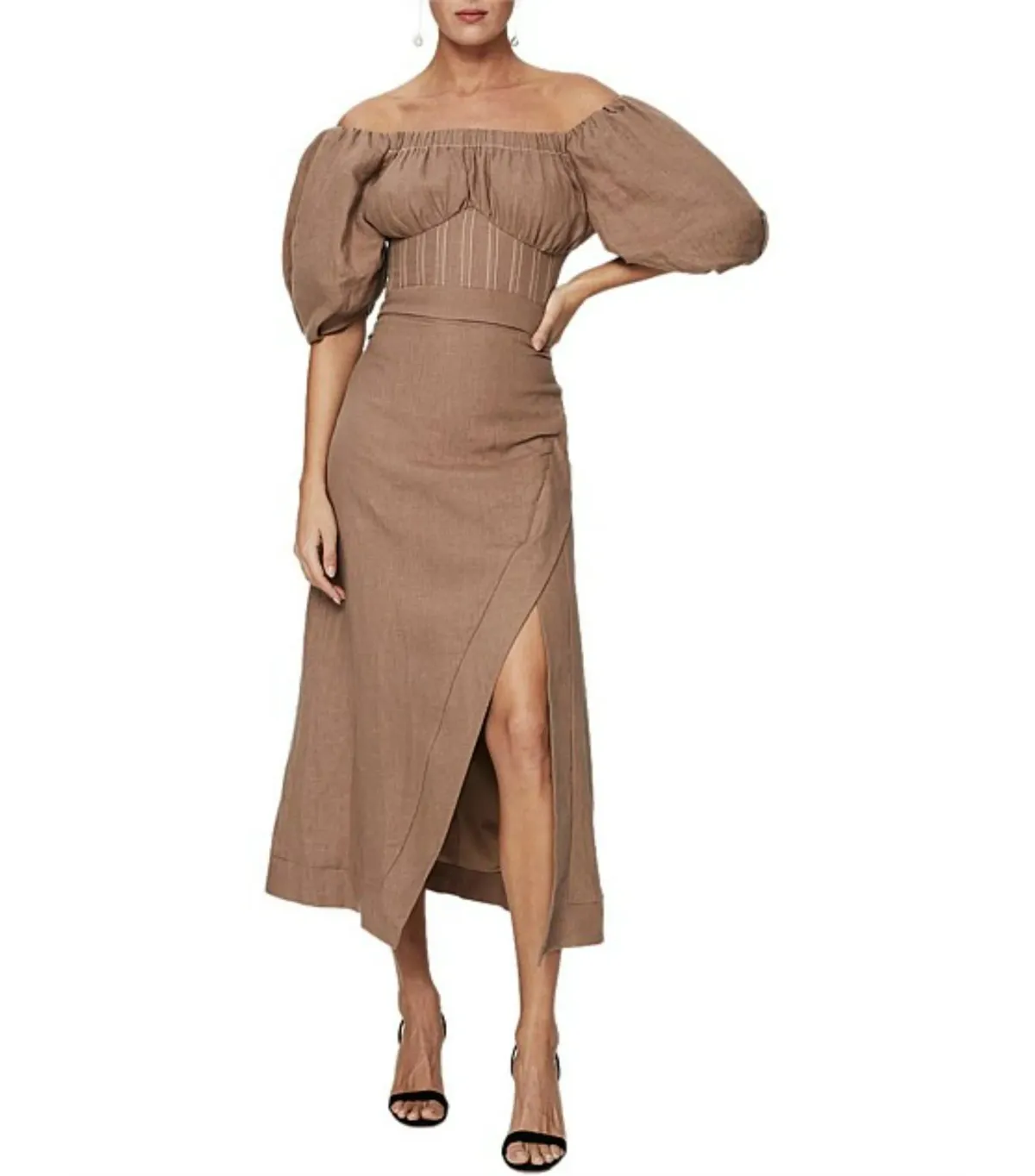 Rachel Gilbert Capri Off The Shoulder Puff Sleeve Midi Dress Beige Size AU 6 - Image 1
