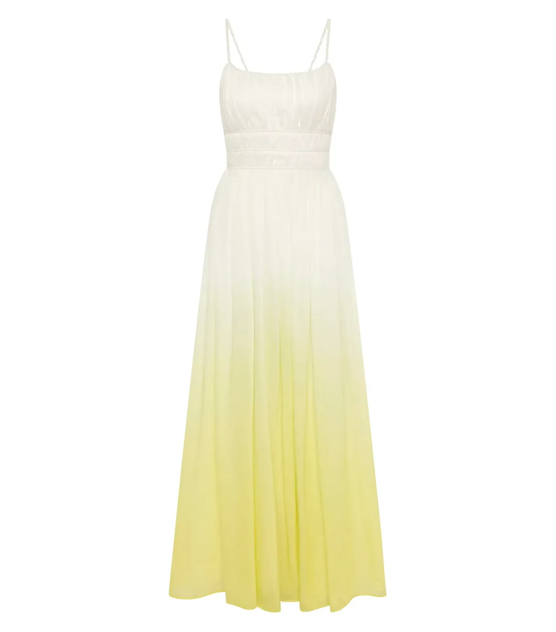 Aje Acapella Ruched Midi Dress Sunrise Ombre Size AU 8 for rent on The Volte - main image