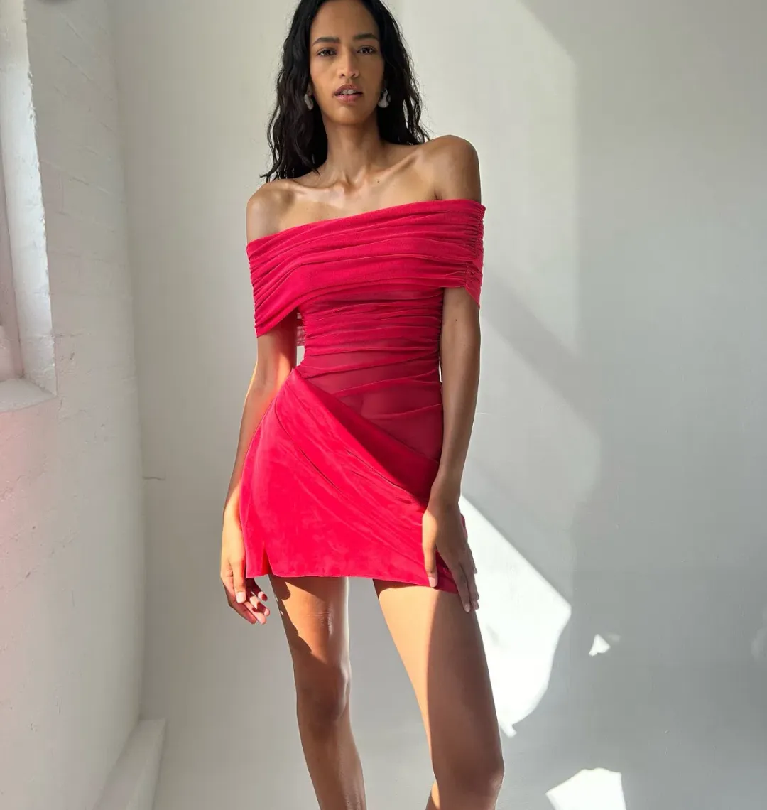 Benni Nico Off Shoulder Mini Dress in Watermelon Size 8 for rent on The Volte - main image