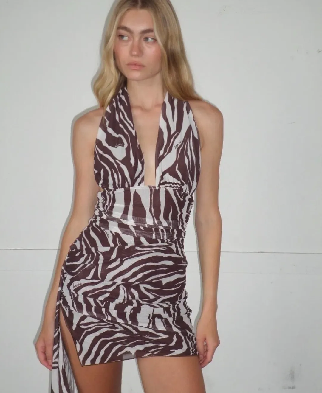Benni Penelope Halter Mini Dress in Safari Size 8 for rent on The Volte - main image