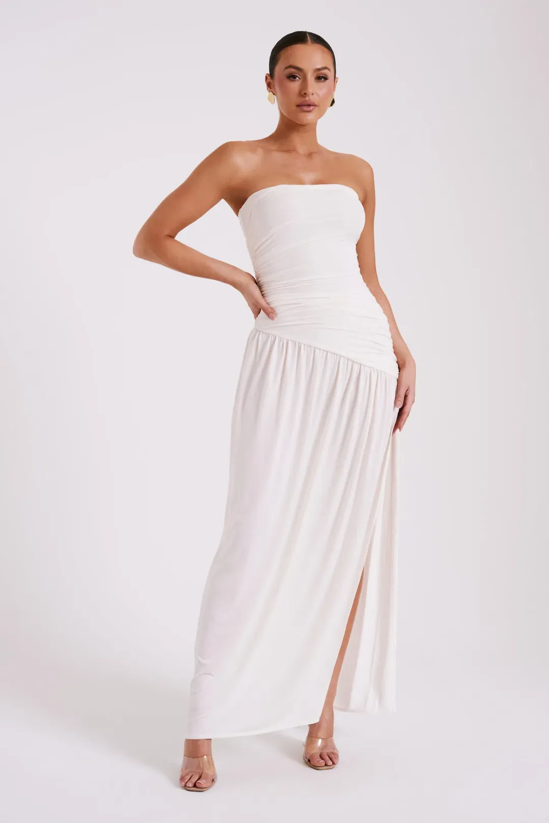 Meshki Bex Strapless Slinky Maxi Dress With Split Ivory White Size XS / AU 6 for rent on The Volte - main image