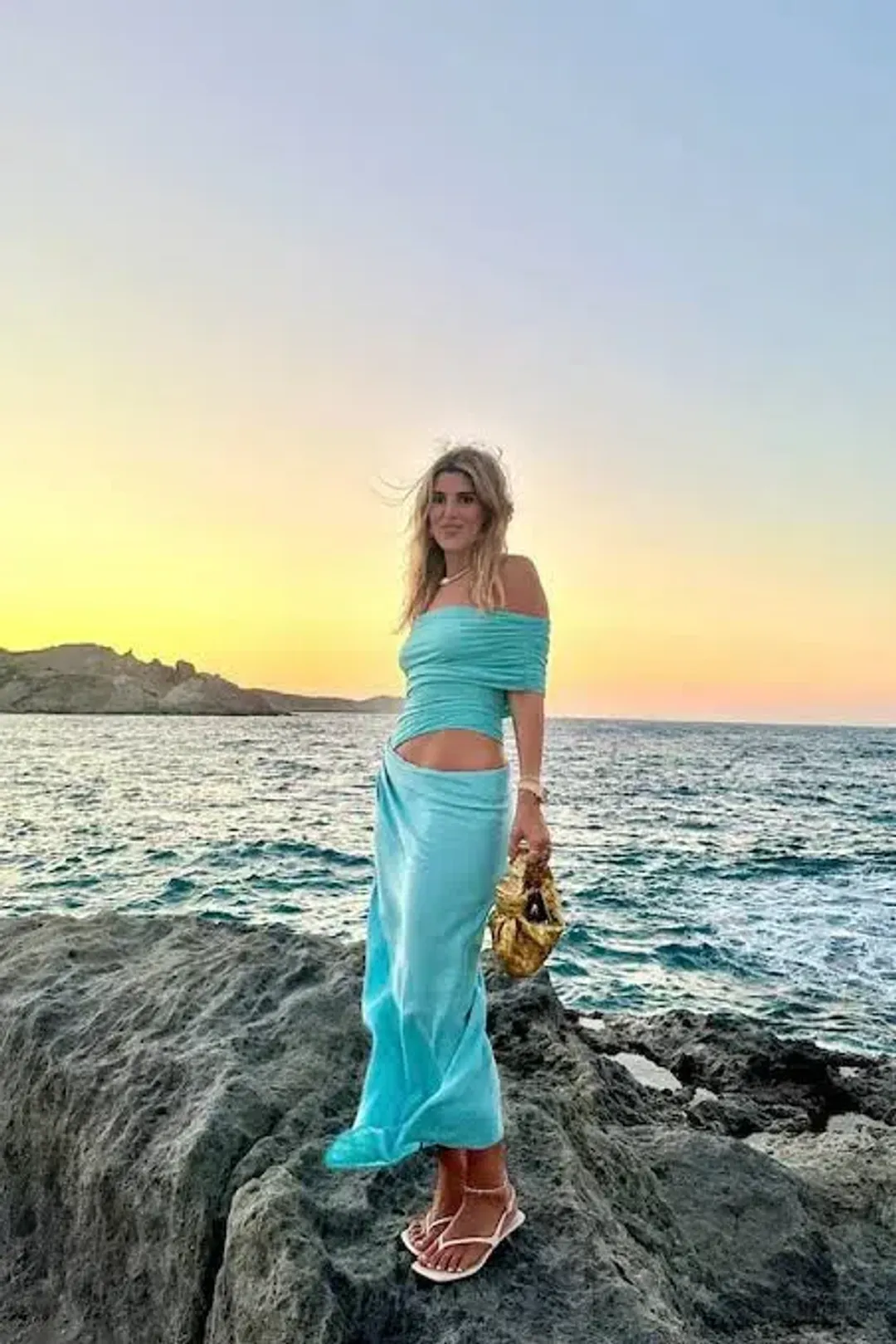 Benni Nico Off Shoulder Maxi Dress in Aquamarine Blue Size 10 for rent on The Volte - main image