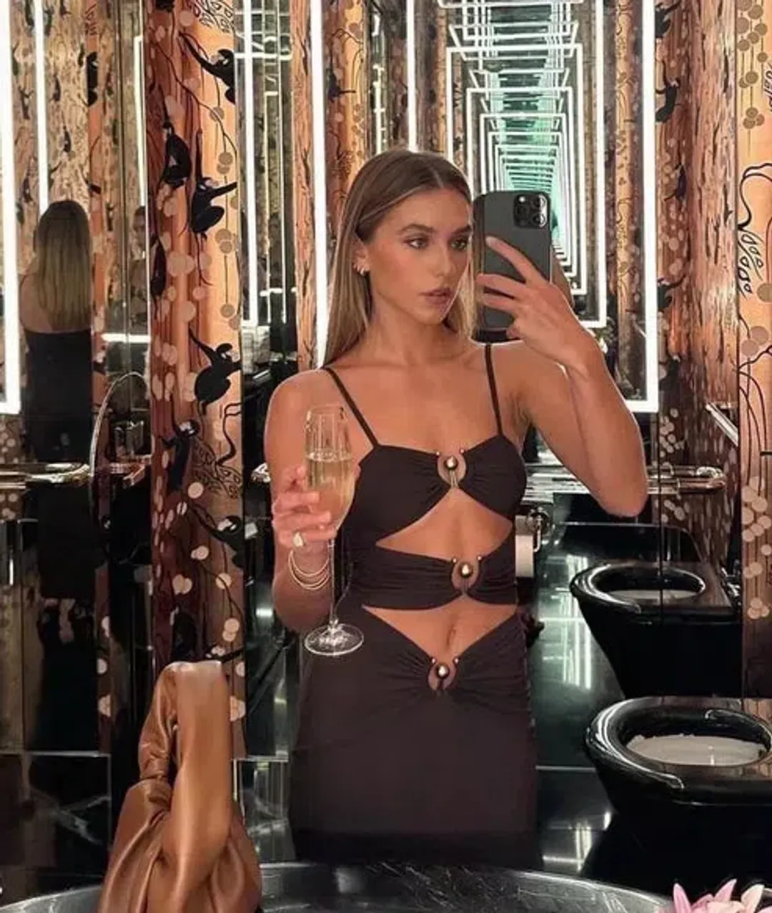 Christopher Esber Pierced Orbit Cutout Midi Dress in Chocolate Brown Size 6 for rent on The Volte - main image