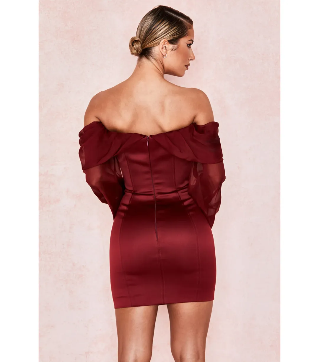 House Of CB Olivia Satin Off Shoulder Dress Wine Size M / AU 10 for rent on The Volte - main image