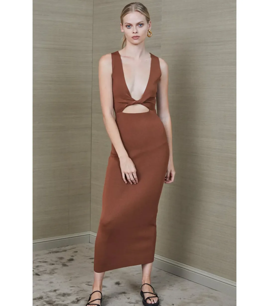 Bec & Bridge Sorbet Midi Dress in Chocolate Size AU 8  for rent on The Volte - main image