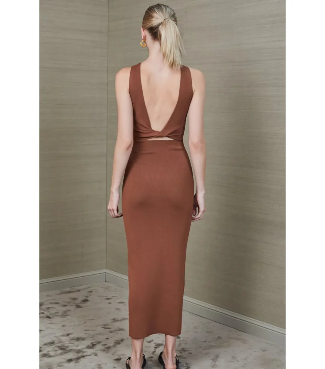 Bec & Bridge Sorbet Midi Dress in Chocolate Size AU 8  for rent on The Volte - main image
