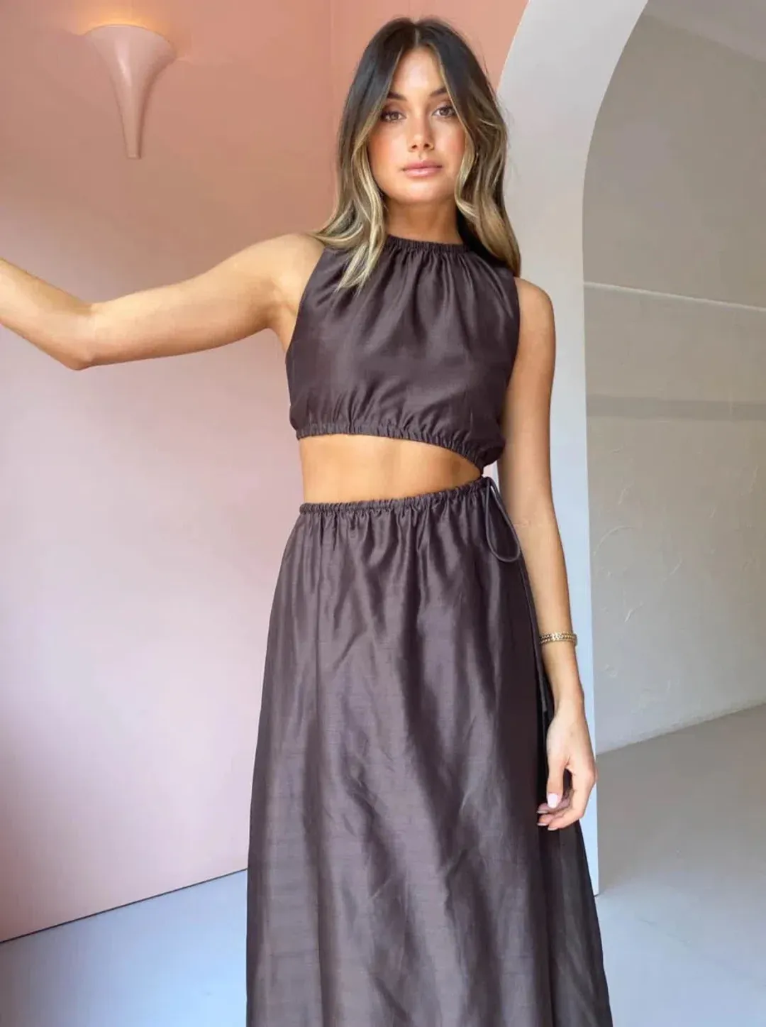 Sir the Label Anje Asymmetrical Cut Out Dress in Chocolate Size 2 / AU 10 for rent on The Volte - main image