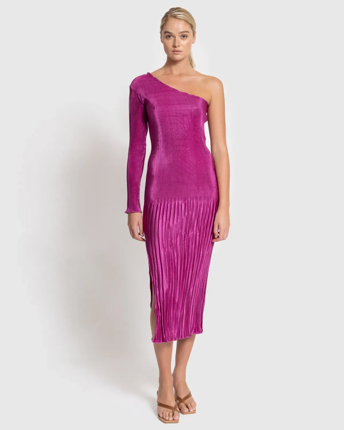 L'idee Soirée One Shoulder Long Sleeve Dress in Magenta Size 8 - Image 1