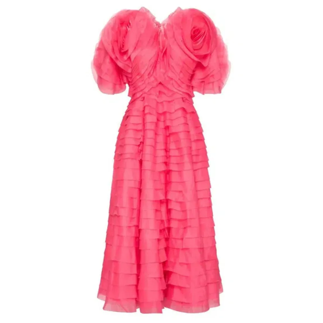 Aje Amour Ruffle Midi Dress Pink Size 4 for rent on The Volte - main image