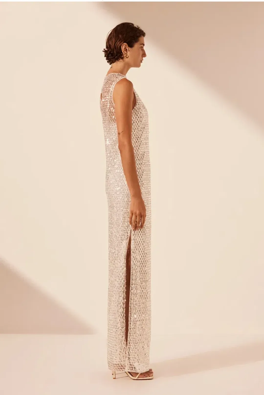 Shona Joy Asteri High Neck Sleeveless Maxi Dress Silver Size 12 for rent on The Volte - main image