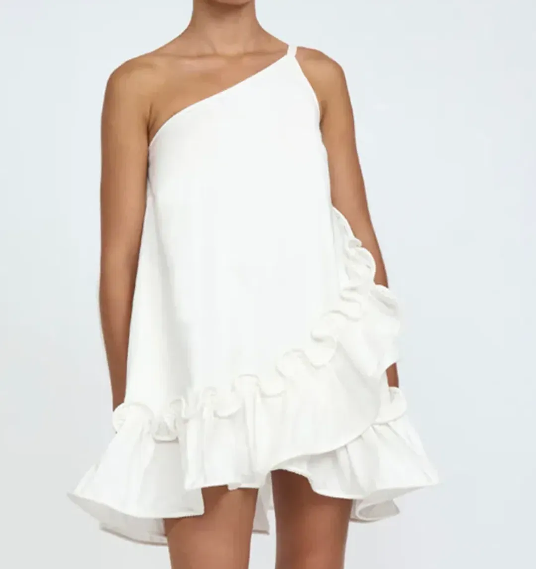 By Johnny Rope Frill Asymmetrical Mini Dress Ivory Size 12 for rent on The Volte - main image