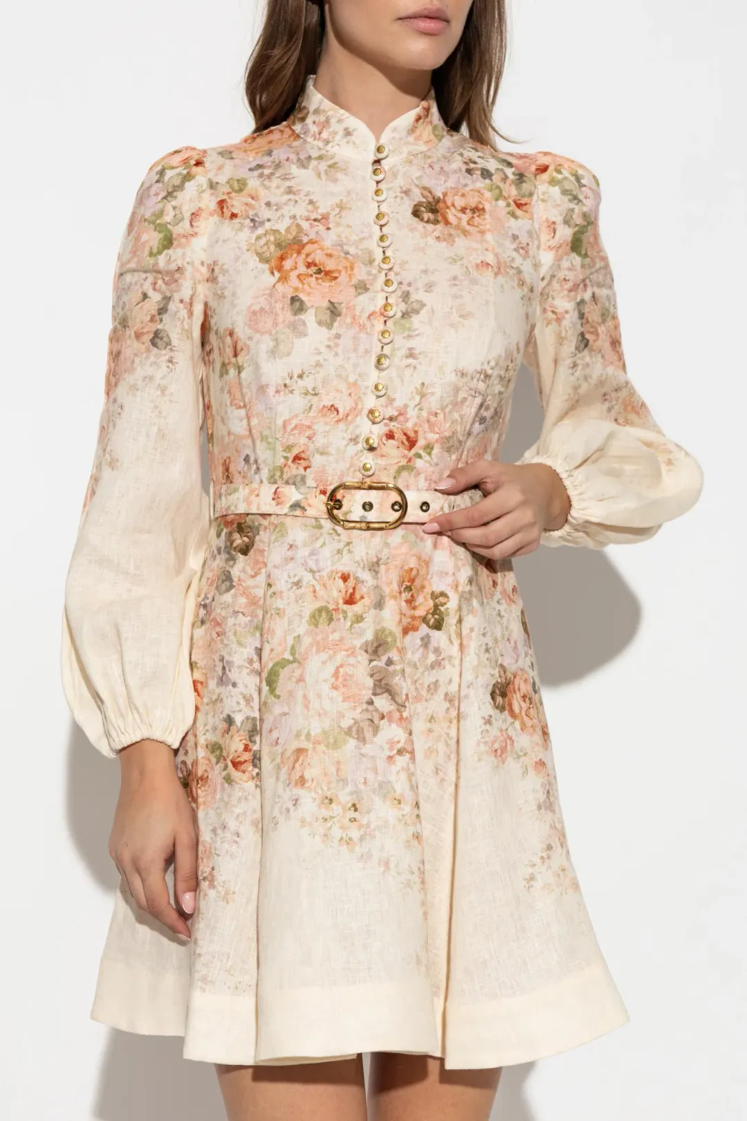 Zimmermann The Illustration Buttoned Mini Dress in Cream Rococo Floral Size 3 / AU 14 for rent on The Volte - main image