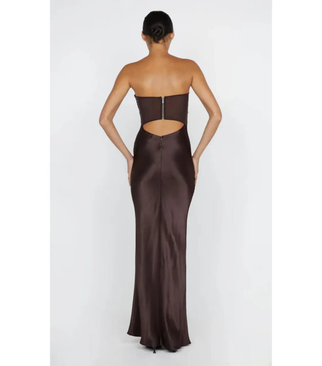 Bec & Bridge Halle Strapless Dress Chocolate Size AU 6 for rent on The Volte - main image