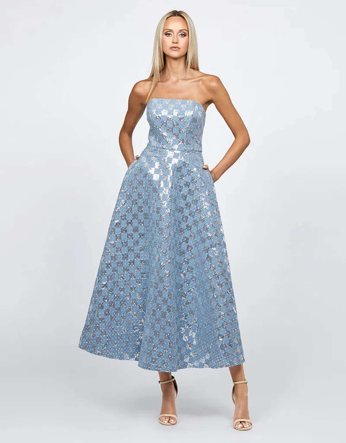 Bariano Zaharina Strapless Tea Midi Dress in Silver/Blue Size AU 6 - Image 1