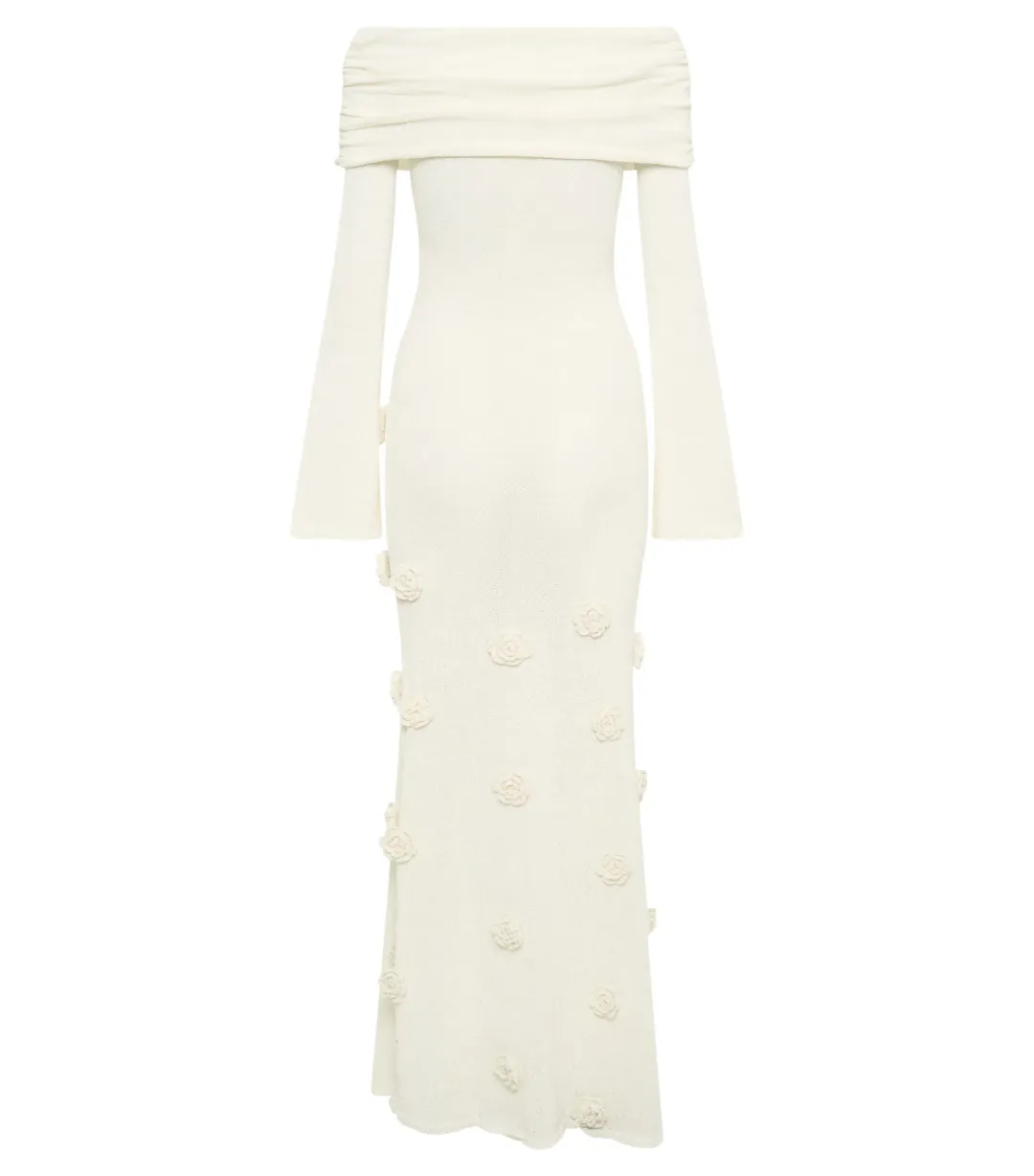 Meshki Kiki Off Shoulder Knit Rose Maxi Dress Ivory Size S / AU 8 for rent on The Volte - main image