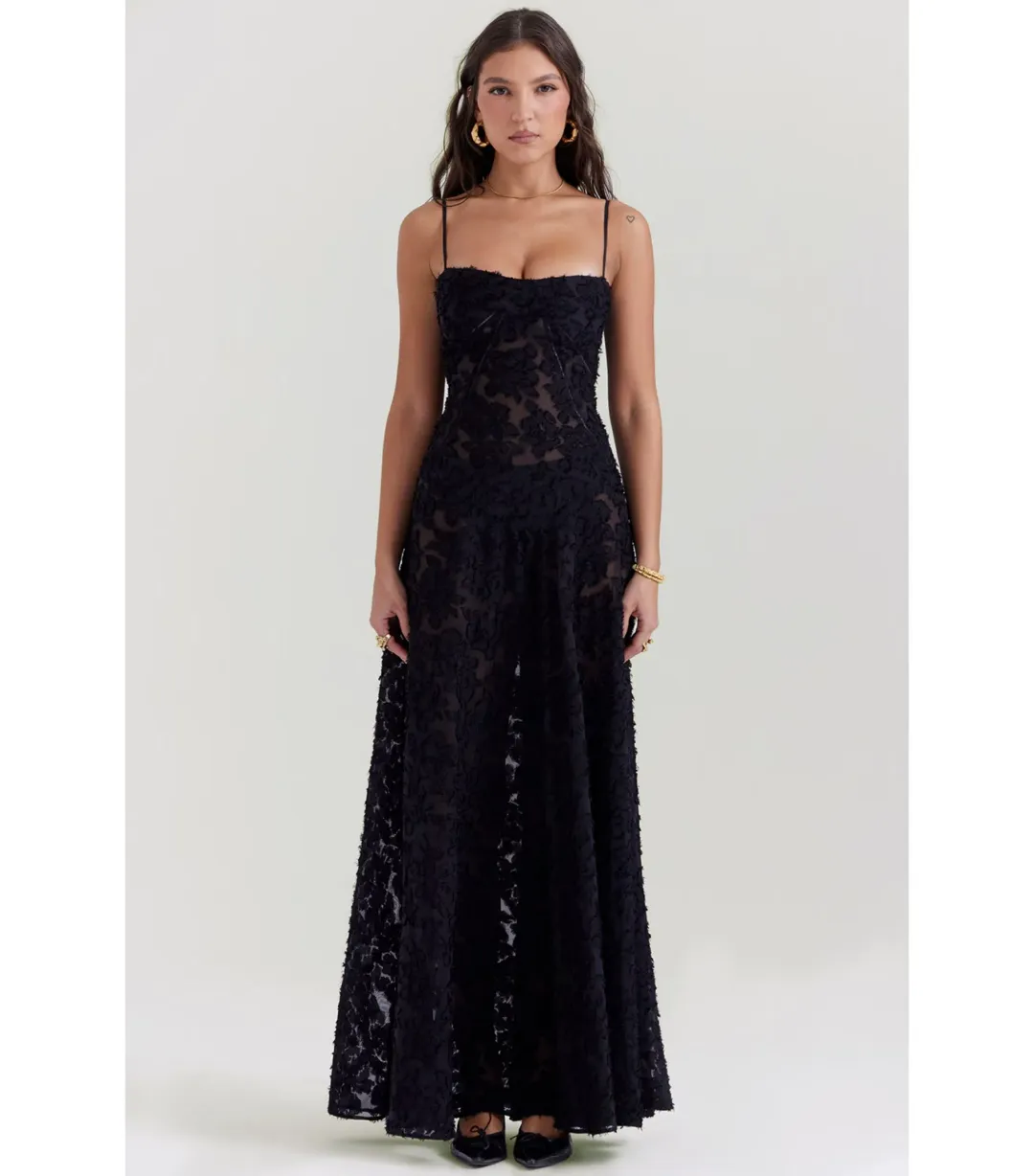 House Of CB Seren Floral Lace Back Maxi Dress Black Size AU 6 for rent on The Volte - main image