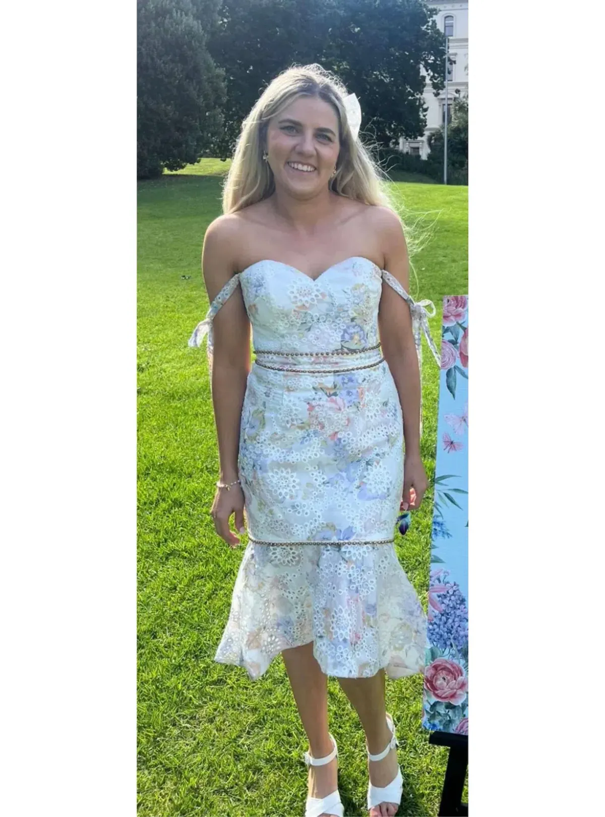 Lumiér by Bariano Off Shoulder Midi Dress White Floral Print Size XS / AU 8 - Image 1