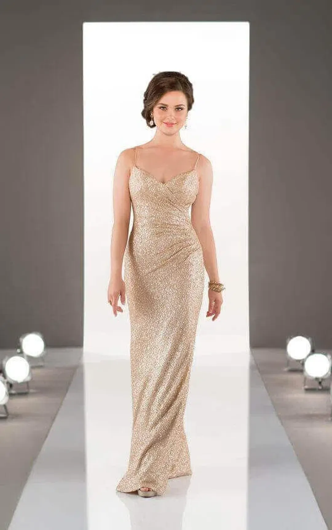 Sorella Vita 8884 Shoestring Floor Length Gown Gold Size 10 for rent on The Volte - main image
