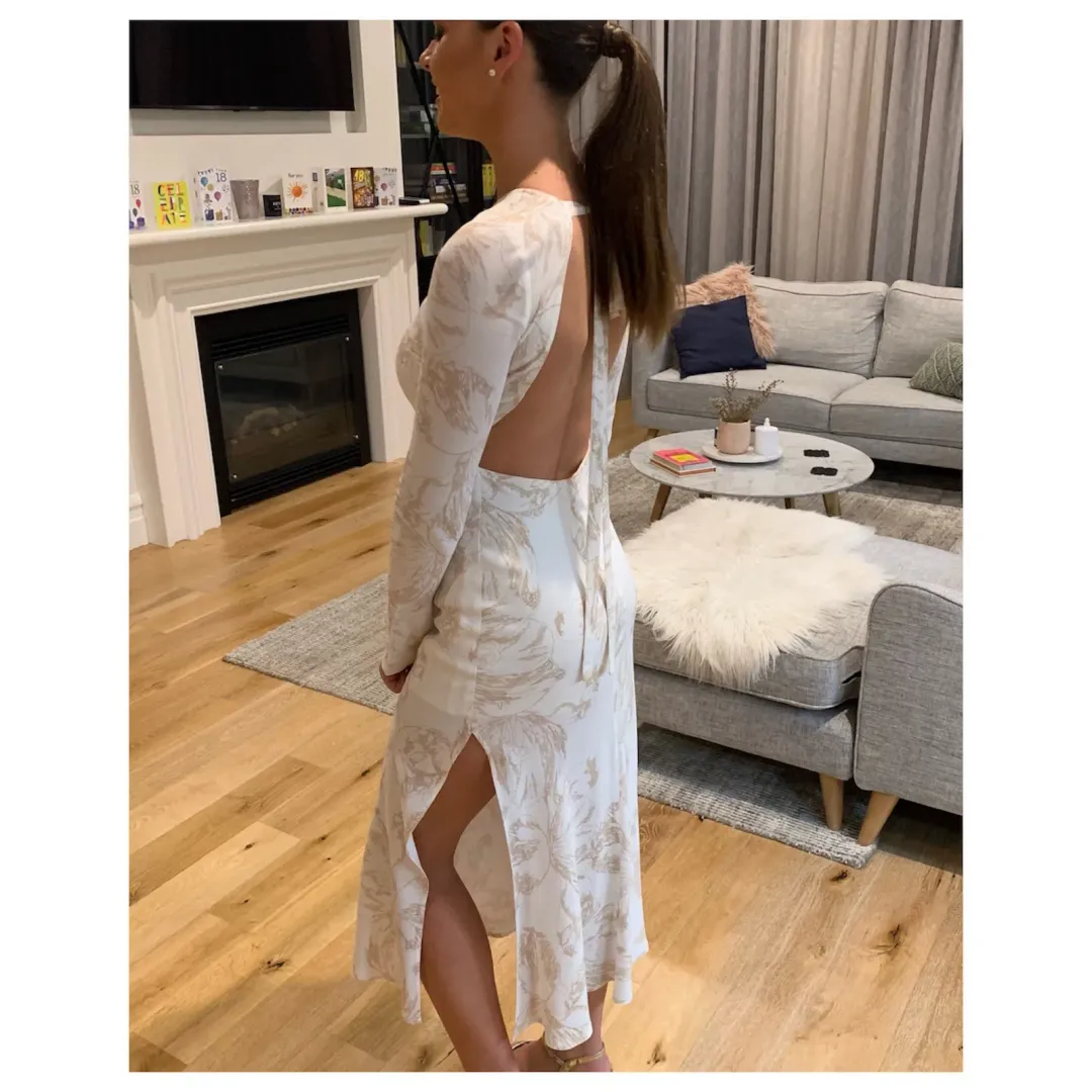 Third Form Open Back Bouquet Maxi Dress in White with Gold Flower  Size 6 for rent on The Volte - main image