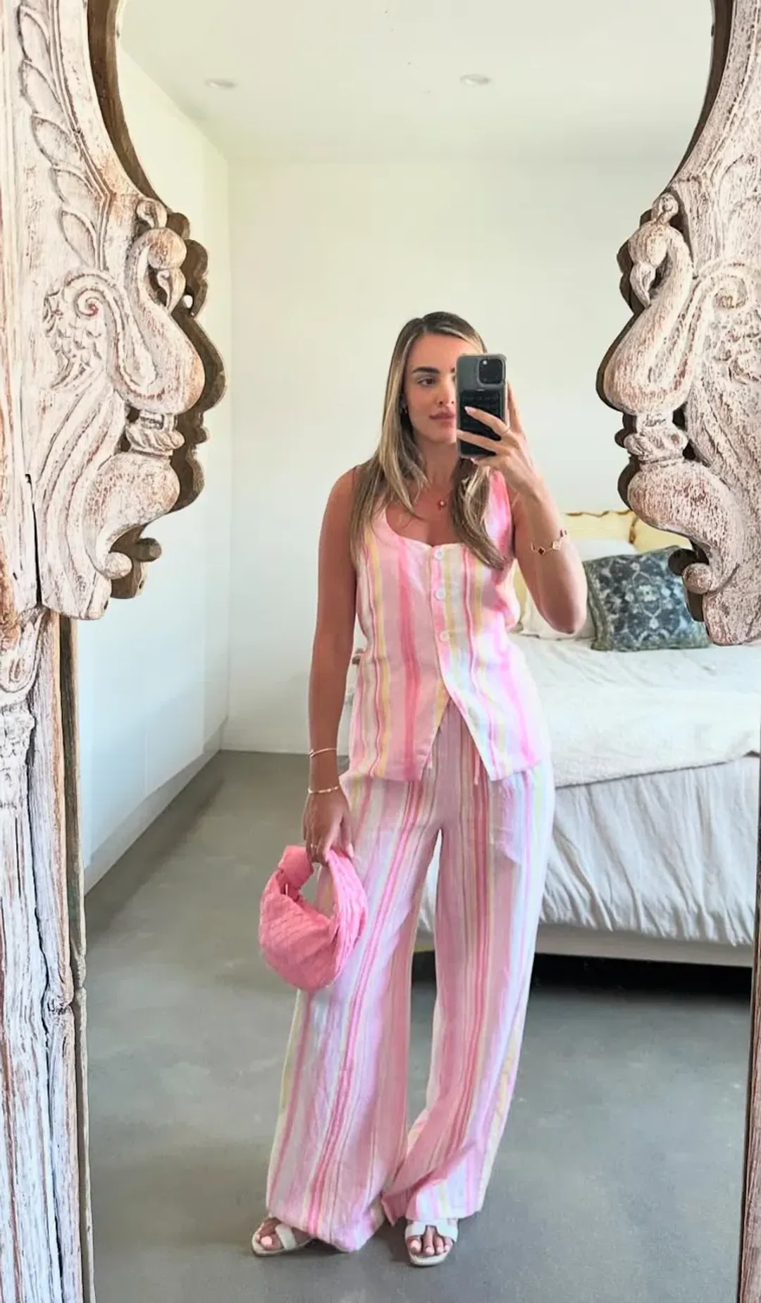 Sneaky Link Isla Linen Vest and Pant Set Pink Stripe Size XL / AU 14 for rent on The Volte - main image