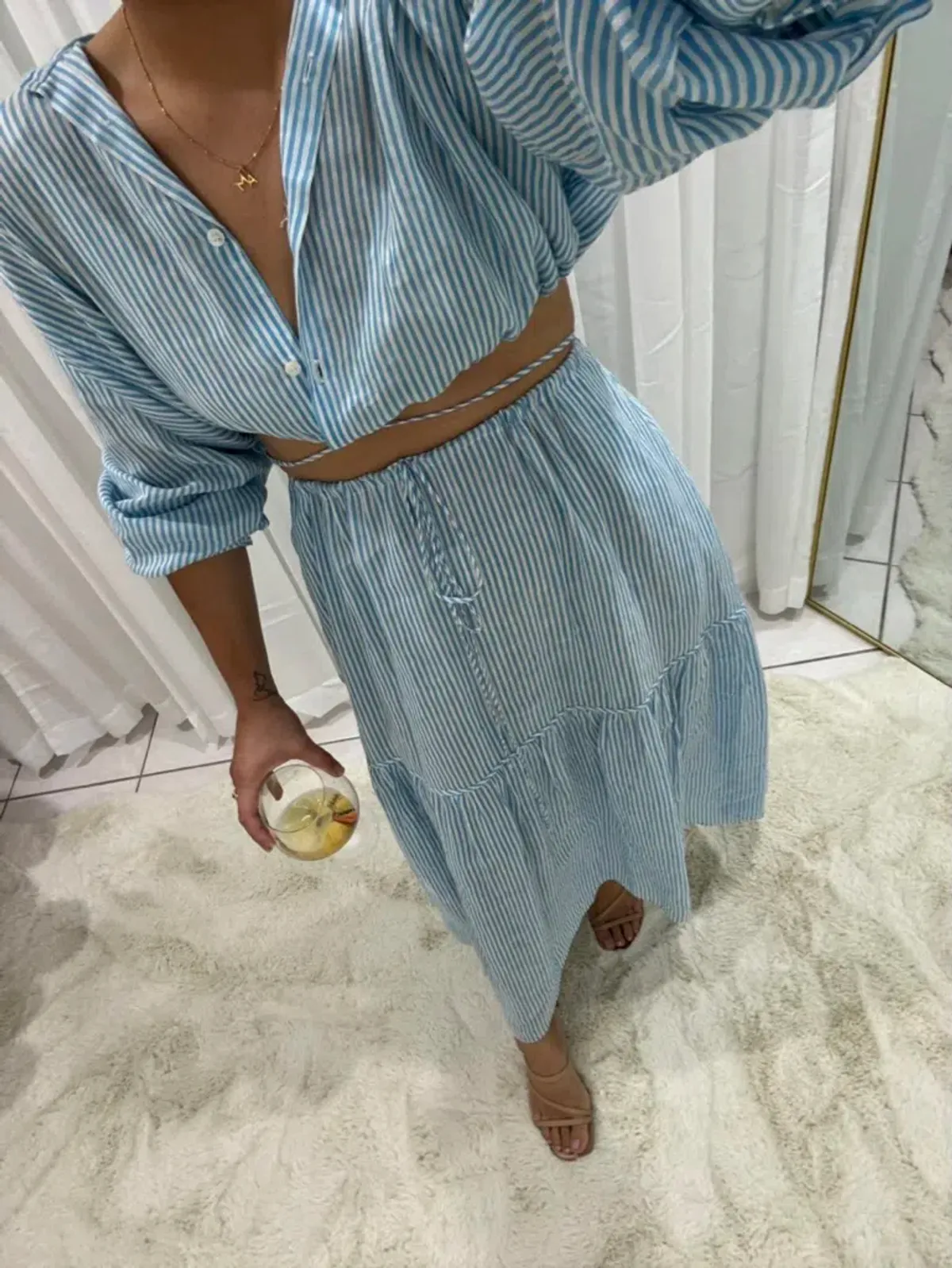 Scanlan Theodore Striped Cotton Voile Crop Shirt and Skirt Set Print Blue Size AU 6 - Image 4