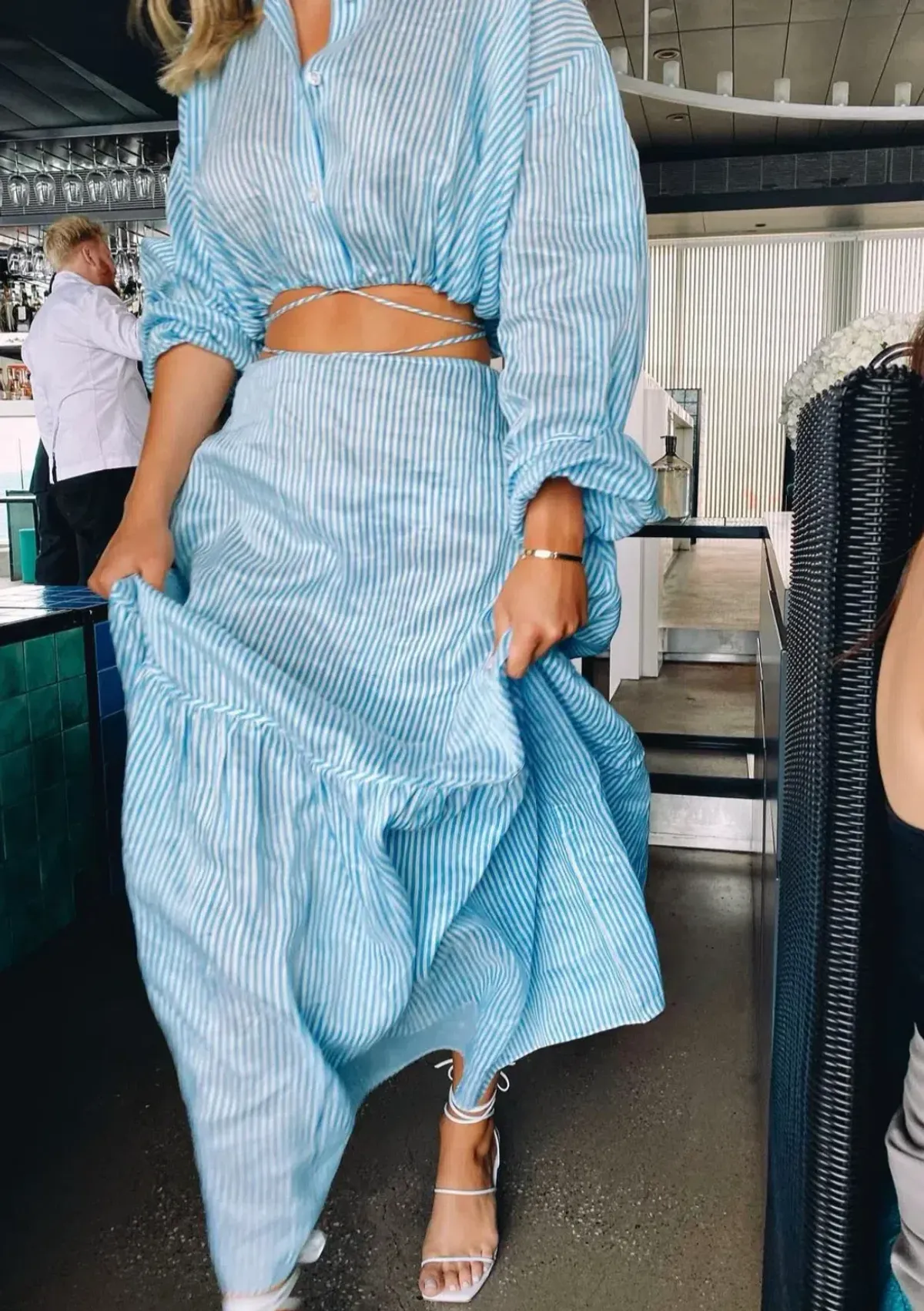 Scanlan Theodore Striped Cotton Voile Crop Shirt and Skirt Set Print Blue Size AU 6 - Image 3