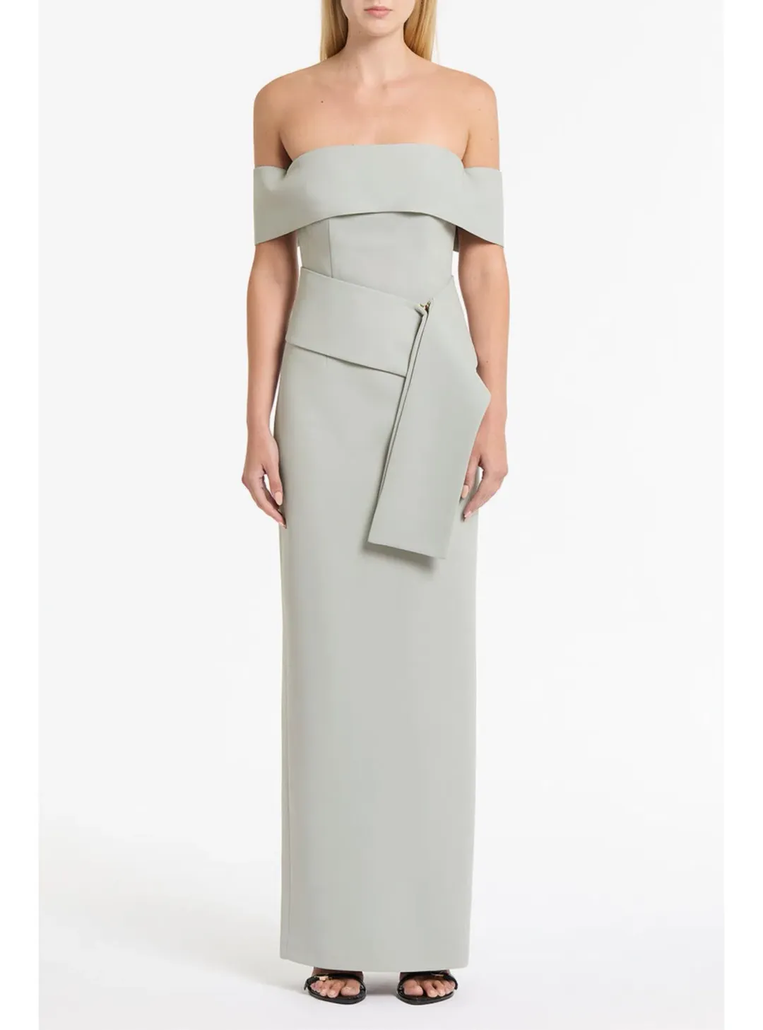 Carla Zampatti Silver Crepe La Banda Off Shoulder Gown Size 6  for rent on The Volte - main image