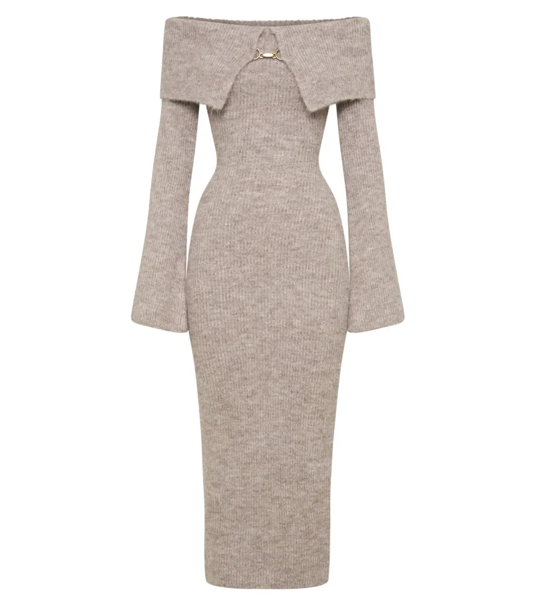 Meshki Baxter Off Shoulder Fluffy Knit Midi Dress Taupe Marle Size L / AU 12 for rent on The Volte - main image