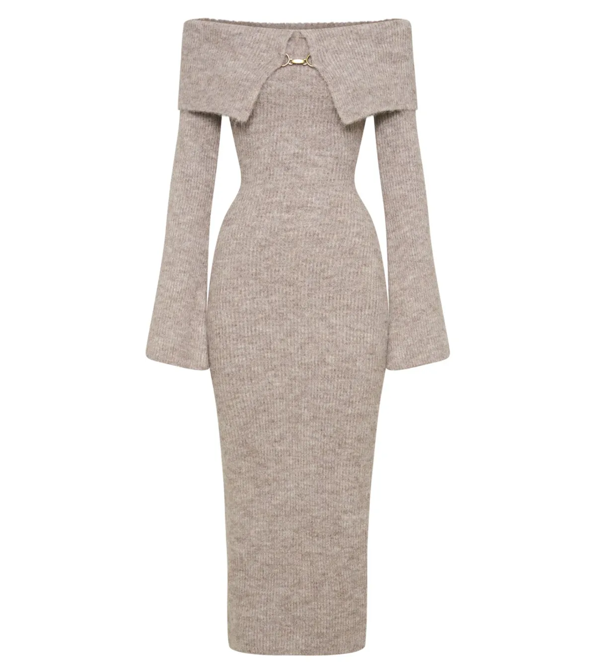 Meshki Baxter Off Shoulder Fluffy Knit Midi Dress Taupe Marle Size L / AU 12 - Image 4