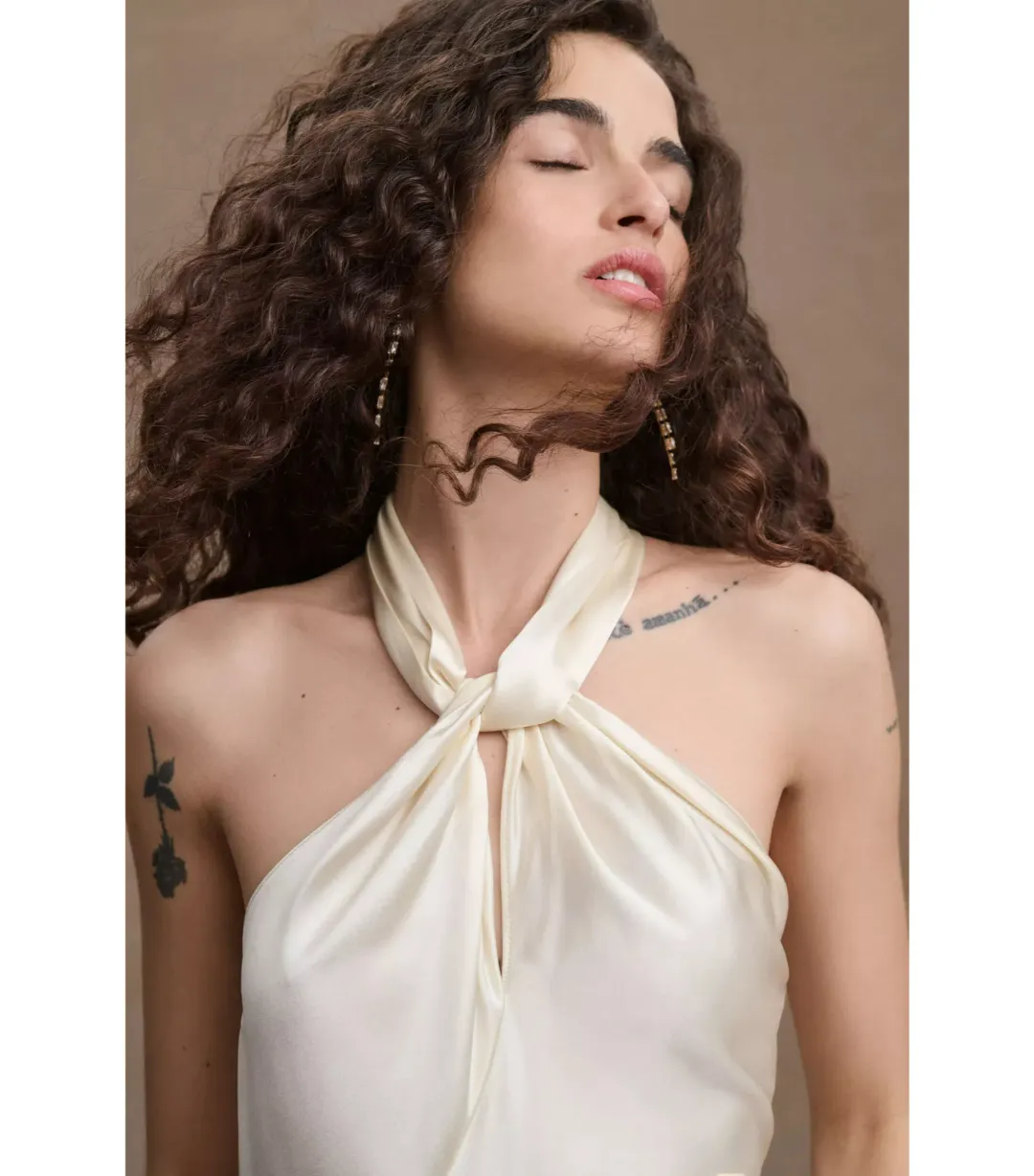 Ronny Kobo Samra Satin Twist-Halter Column Gown Cream Size AU 12 for rent on The Volte - main image