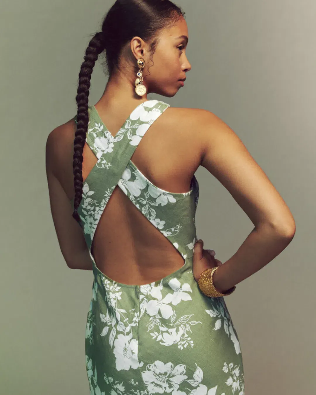 Reformation Casette Linen Dress Midi Linen Dress Floral Size AU 8 for rent on The Volte - main image