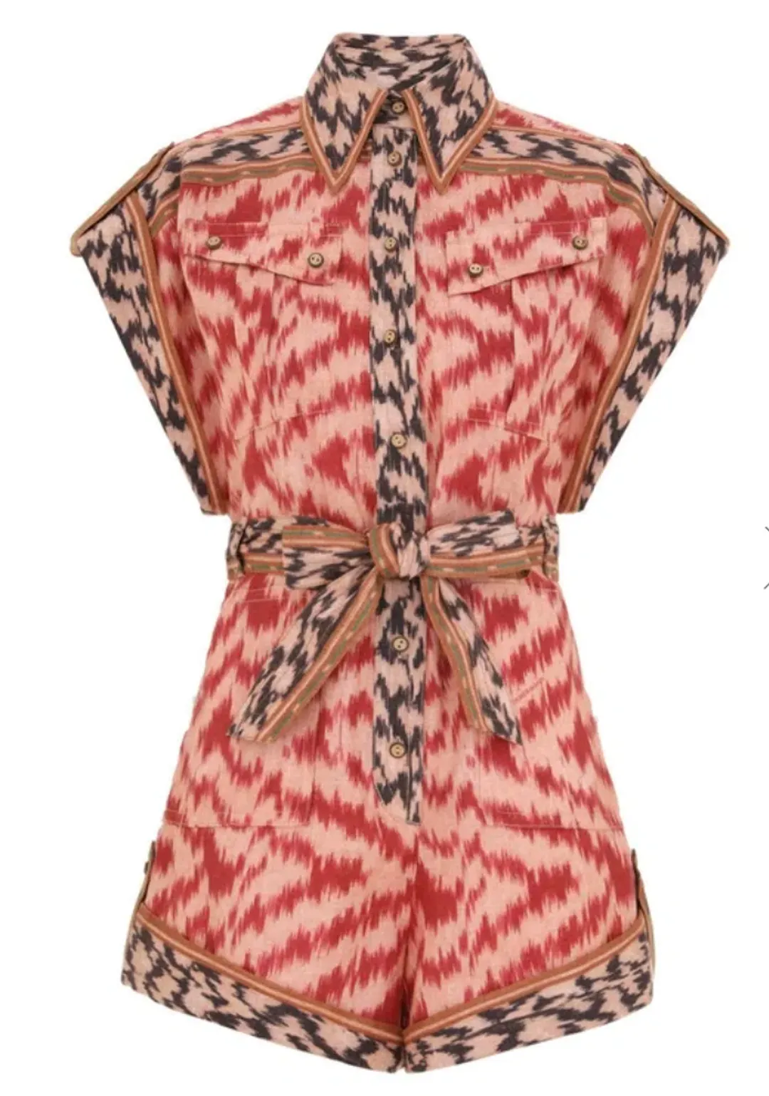 Zimmermann Wylie Pocket Playsuit Red Ikat Size 0 / AU 8 for rent on The Volte - main image