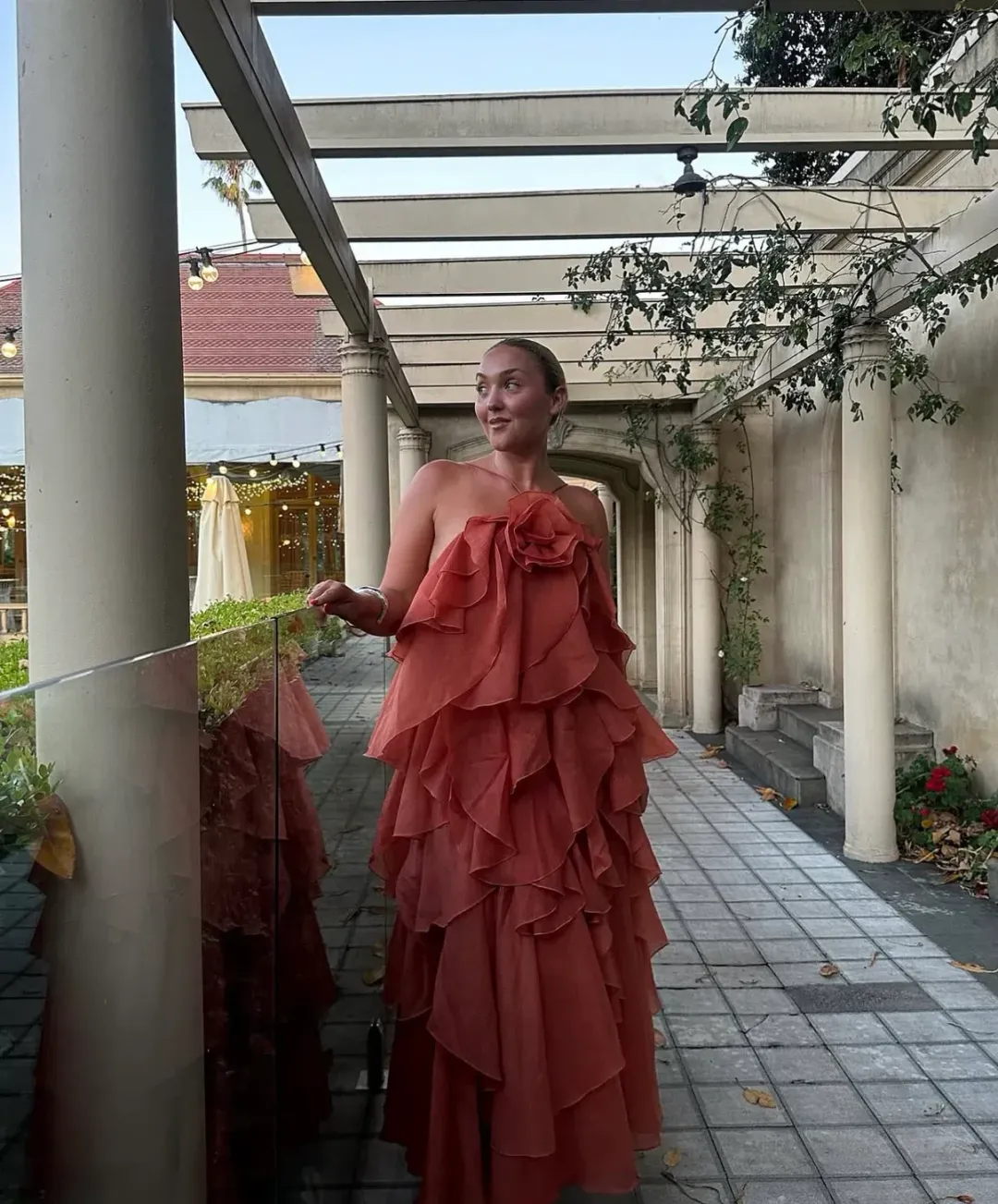 AJE Pandorea Layered Maxi Dress Coral Clay Size 10  for rent on The Volte - main image