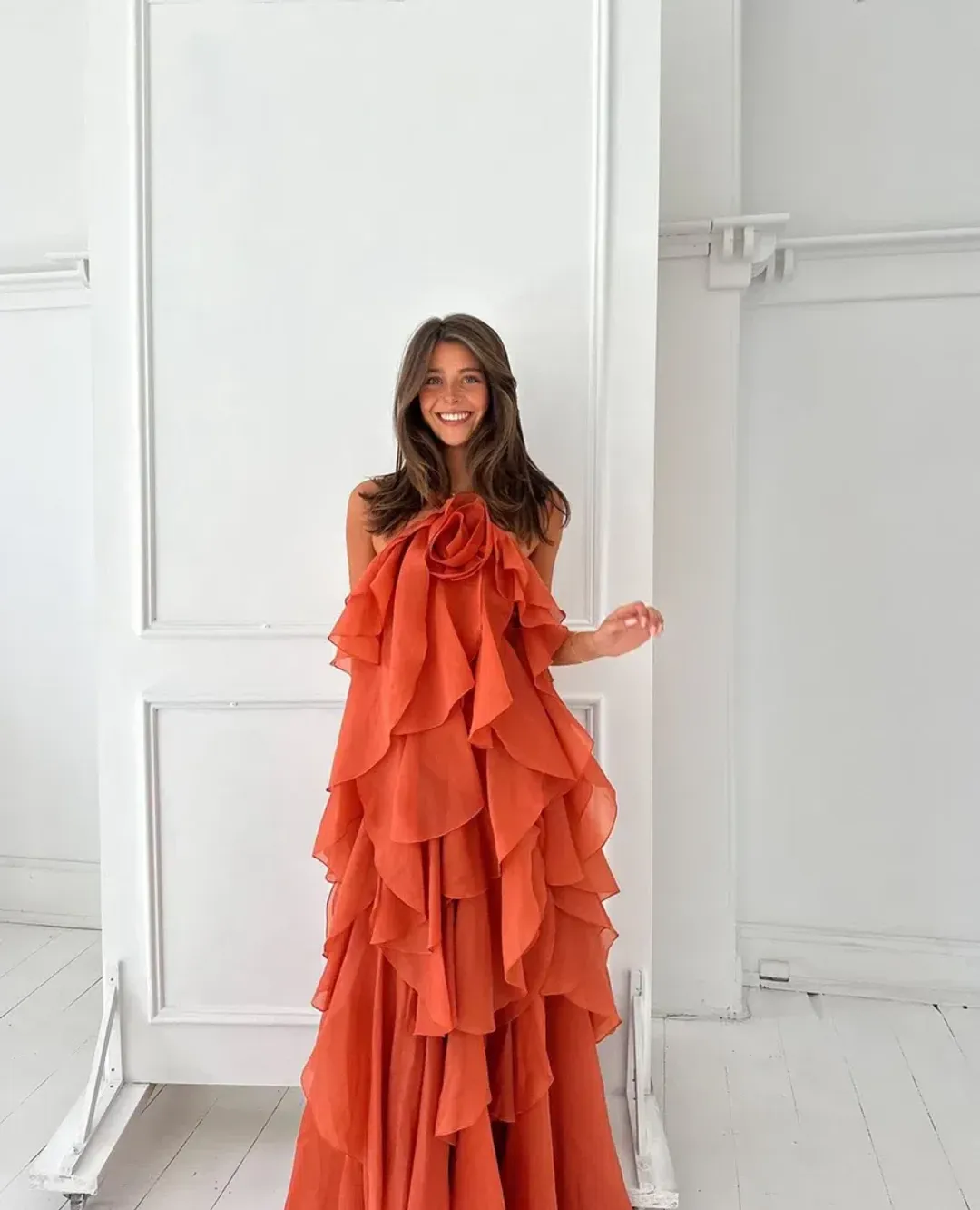 AJE Pandorea Layered Maxi Dress Coral Clay Size 10  for rent on The Volte - main image